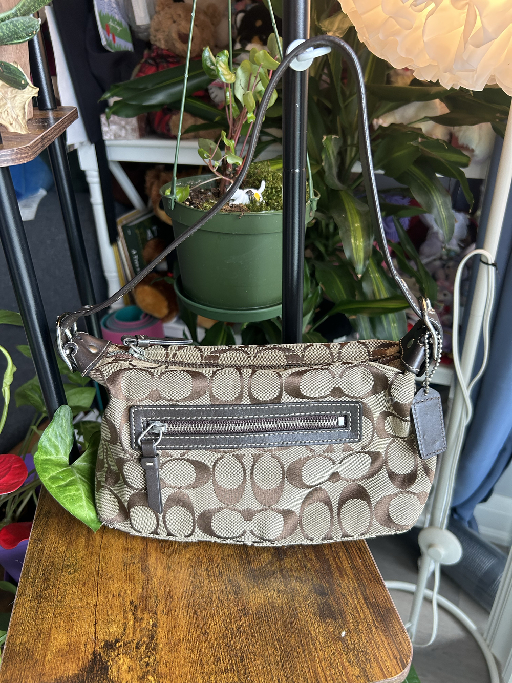 Vintage Coach signature jacquard shoulder bag khaki & brown canvas & leather tri